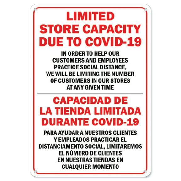 SignMission OS-NS-A-1218-25450 Covid-19 Notice Aluminum Sign - Limited Store Capacity Due to Covid-19 Spanish