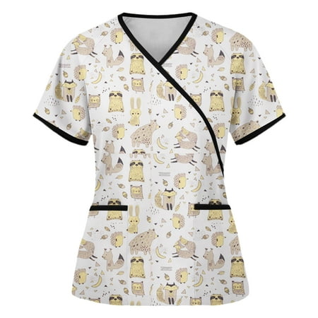 

Yyeselk Women Scrubs Top Workwear Lovely Animal Printed Short Sleeve Summer Working Uniform with Pockets Breathable V Neck Holiday Tunics Yellow S