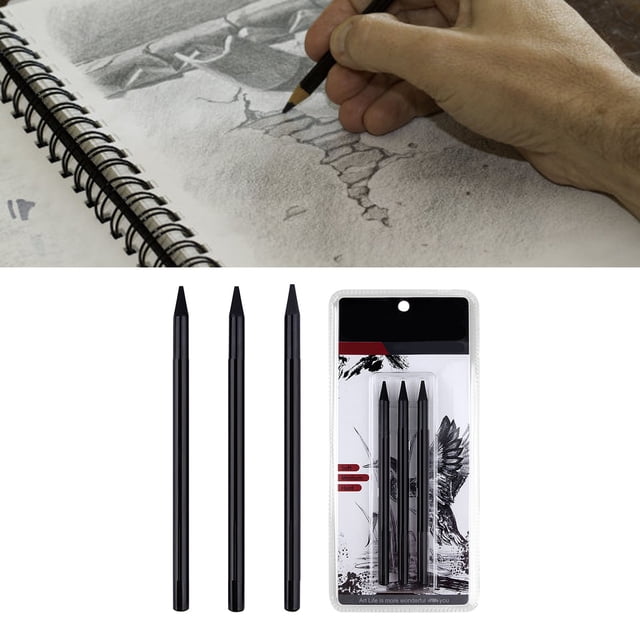 Black Charcoal Pencils, Simple Outline Smooth Staining Soft Medium Hard Rich Black Tones Professional 3PCS Fine Layering Charcoal Pencils for Shading