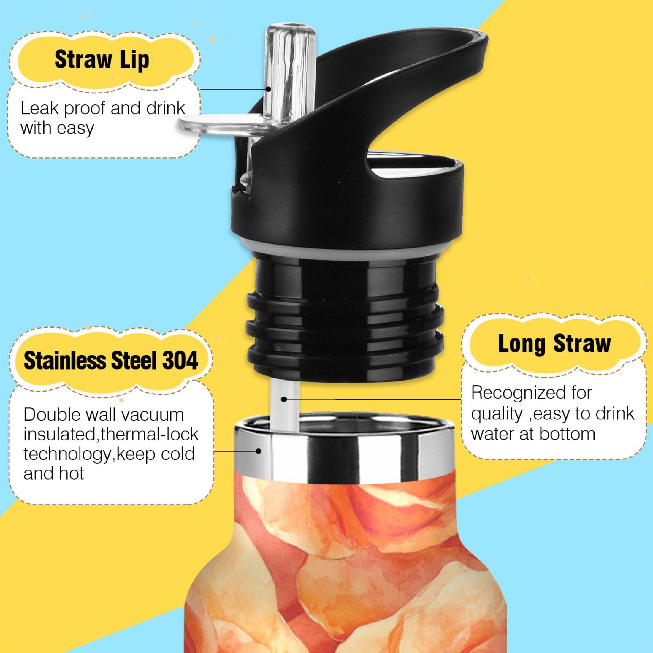 600ML Stainless Steel Insulated Cup Sports Water Bottle Portable Thermos Cup Water Glasses Insulated Tumblers Convenient and Durable Cartoon Orange Roses