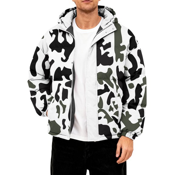 CharmCyan Men's Hooded Puffer Jacket with Camouflage Print Full Zip Closure Water Resistant Outerwear Casual Fit Winter Coat Black M