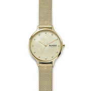 Angle View: Skagen Ladies Anita Mother-of-Pearl Gold-Tone Steel-Mesh Watch (SKW2774) and Fossil Ladies 14mm Standard Leather Watch Strap, Brown (SKB2033) bundle.