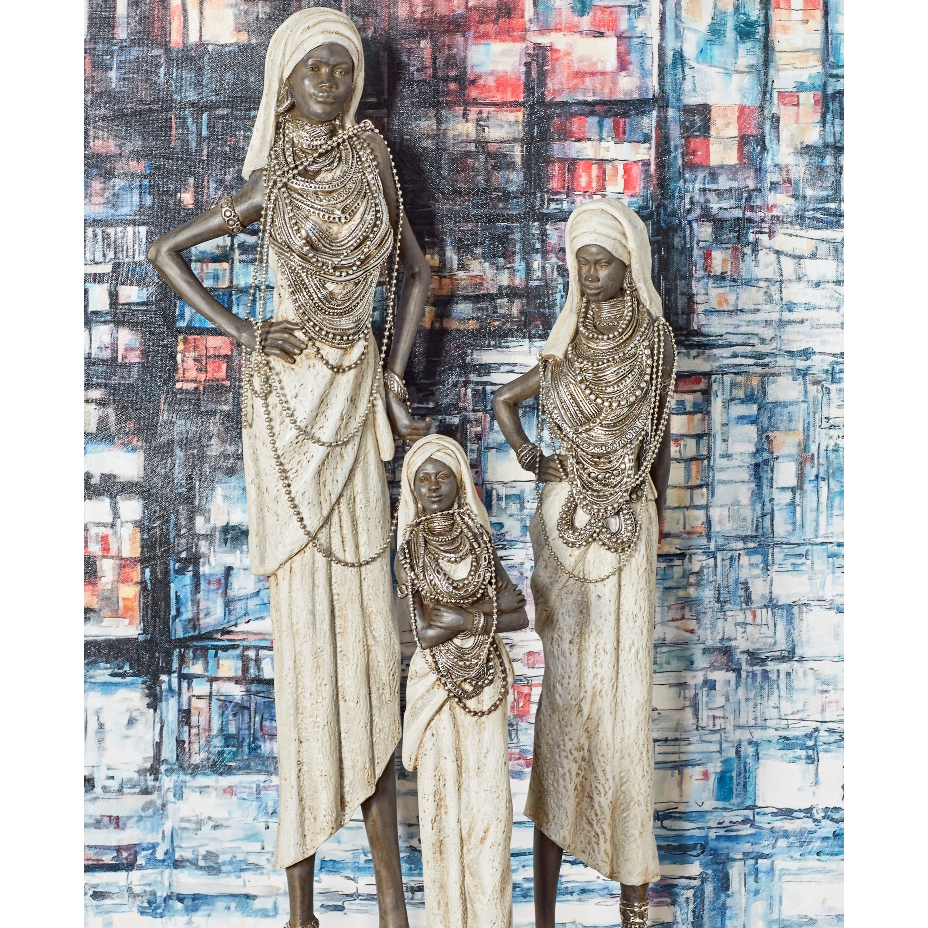 15", 20", 24"H White Polystone Standing African Woman Sculpture with Intricate Jeweled Details, by DecMode (3 Count)