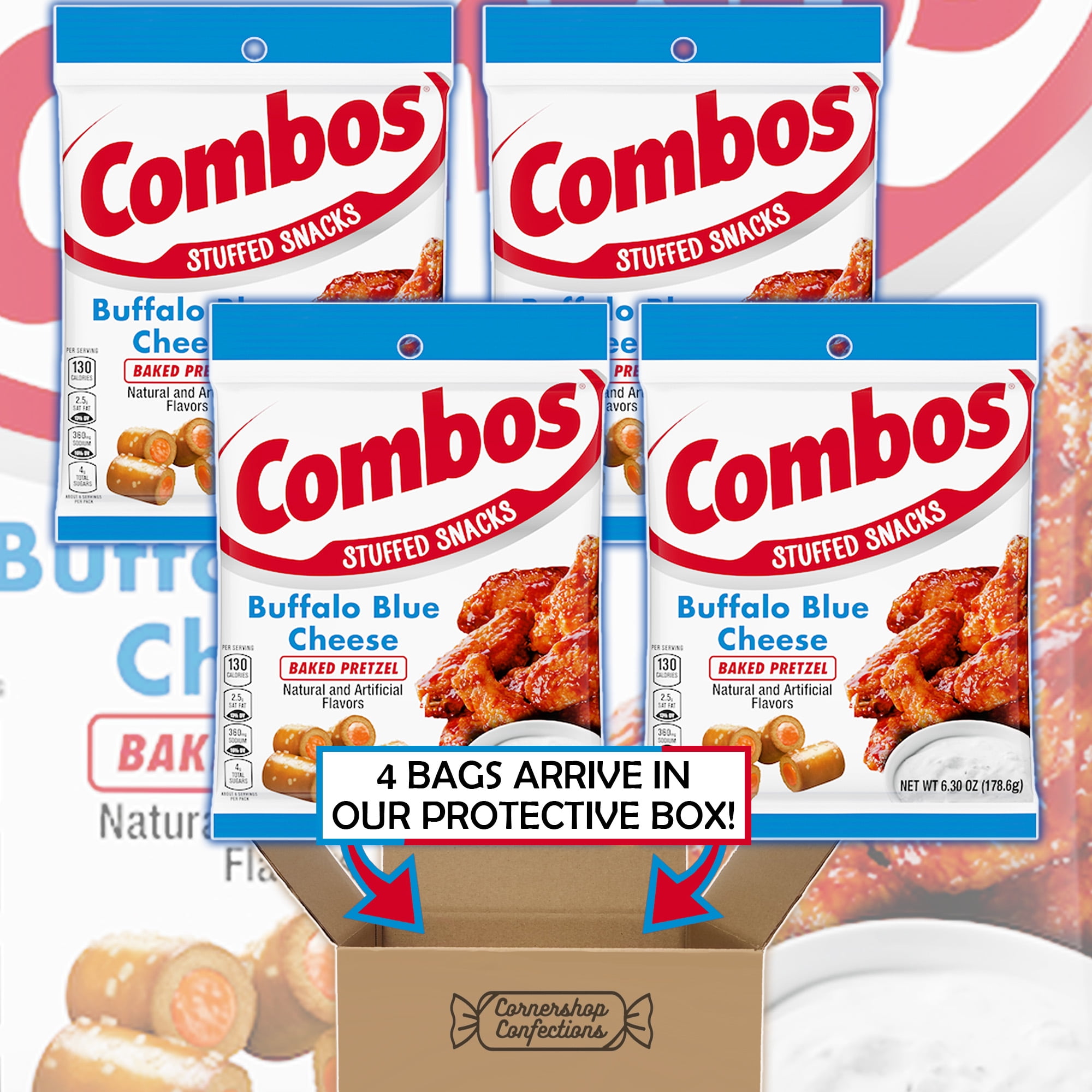 Combos Buffalo Blue Cheese Flavored Baked Pretzel Bulk Pack - 4 Separate 6.3 oz Bags for Over 24 Ounces Total - Stuffed Pretzel Snacks for Road Trips, School, Work in Cornershop Confections Packaging