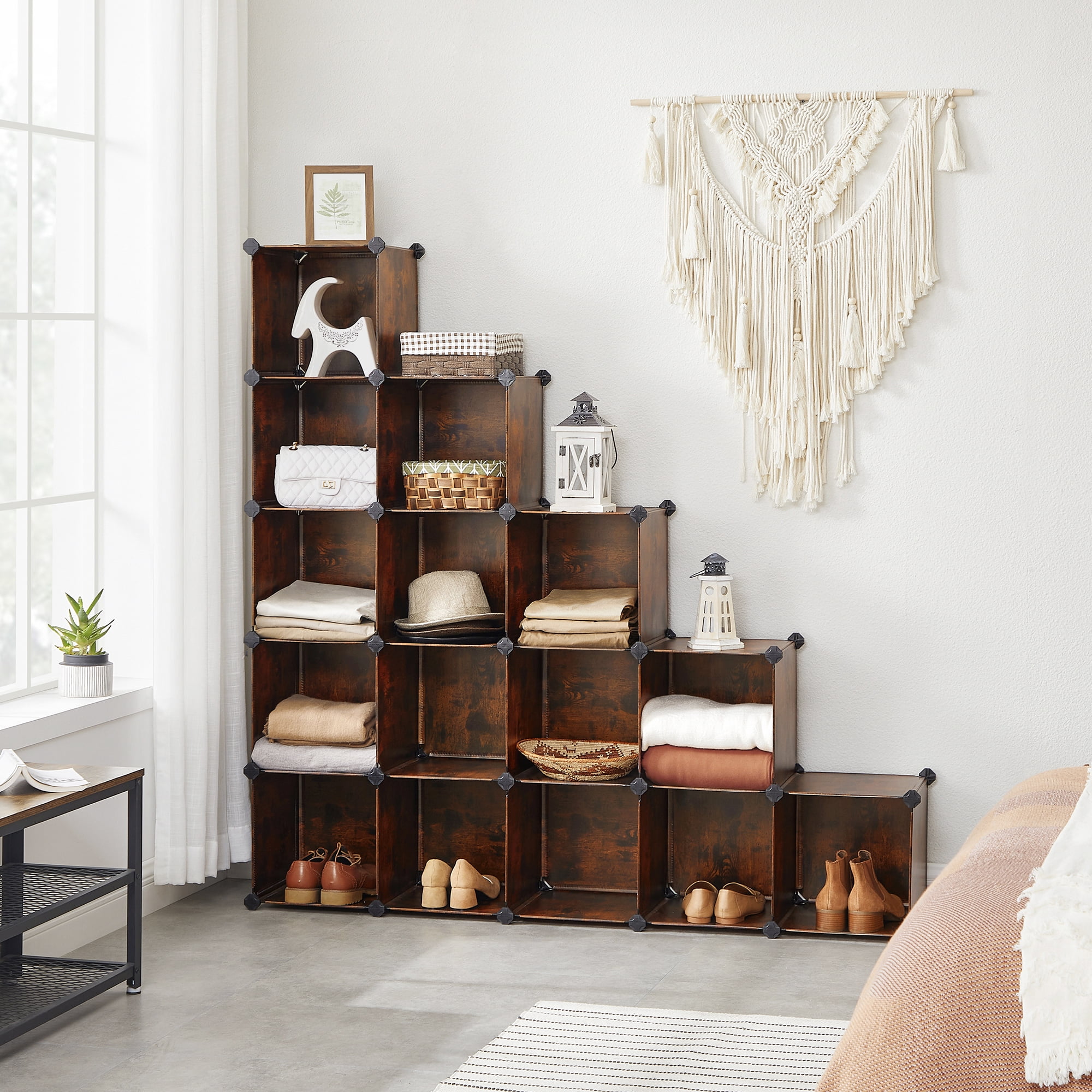 16 Cube Storage Organizer Modular Storage Cube Bookshelf DIY Plastic Closet Storage Shelves for Home Office Bedroom Rustic Brown