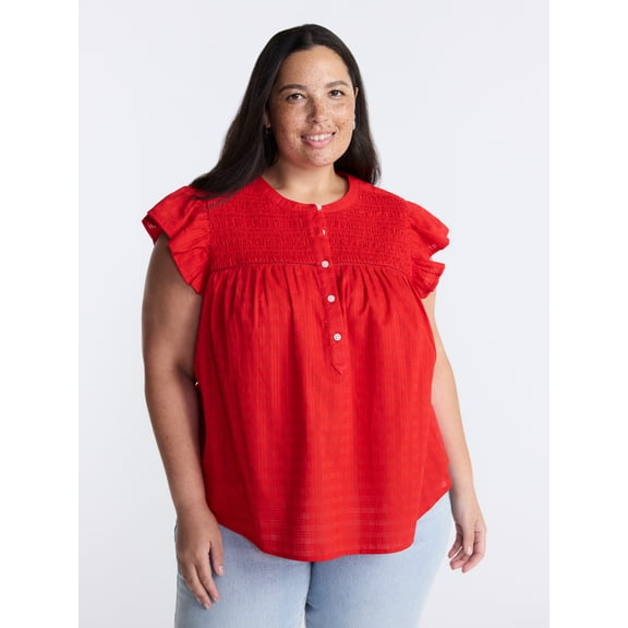 Terra & Sky Women’s Smocked Yoke Blouse with Flutter Sleeves, Sizes 0X-5X