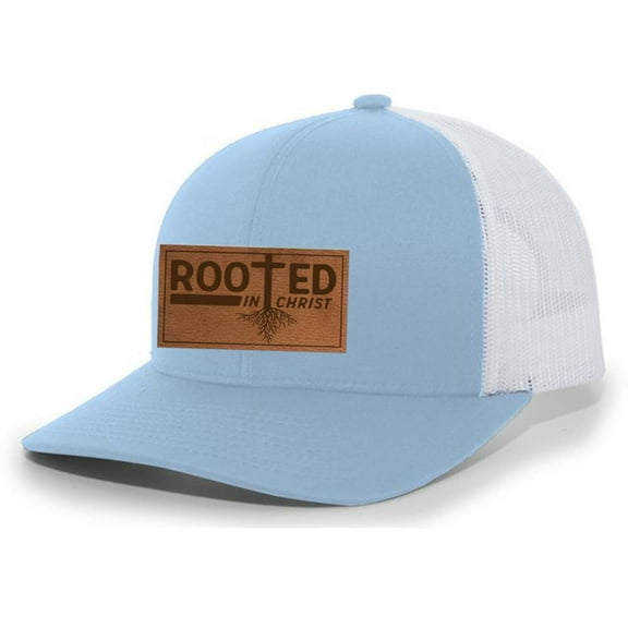 Heritage Pride Christian Rooted In Christ Laser Engraved Leather Patch Mesh Back Trucker Hat, Columbia Blue/White