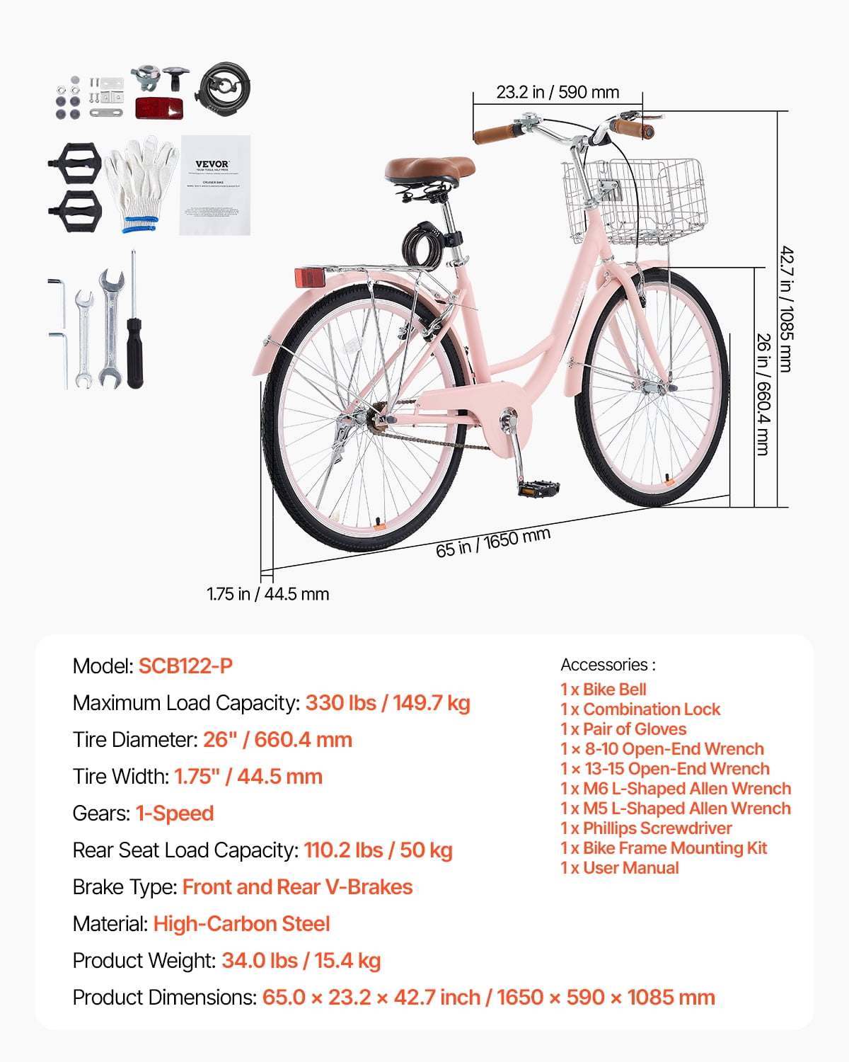 VEVOR Cruiser Bike, 1-Speed, 26-Inch Pink Beach Cruiser Bike with Large Capacity Basket and Rear Rack, Secure & Sturdy Cruiser Bike with Adjustable Seat, Fits for Cycling, Exercise & Shopping
