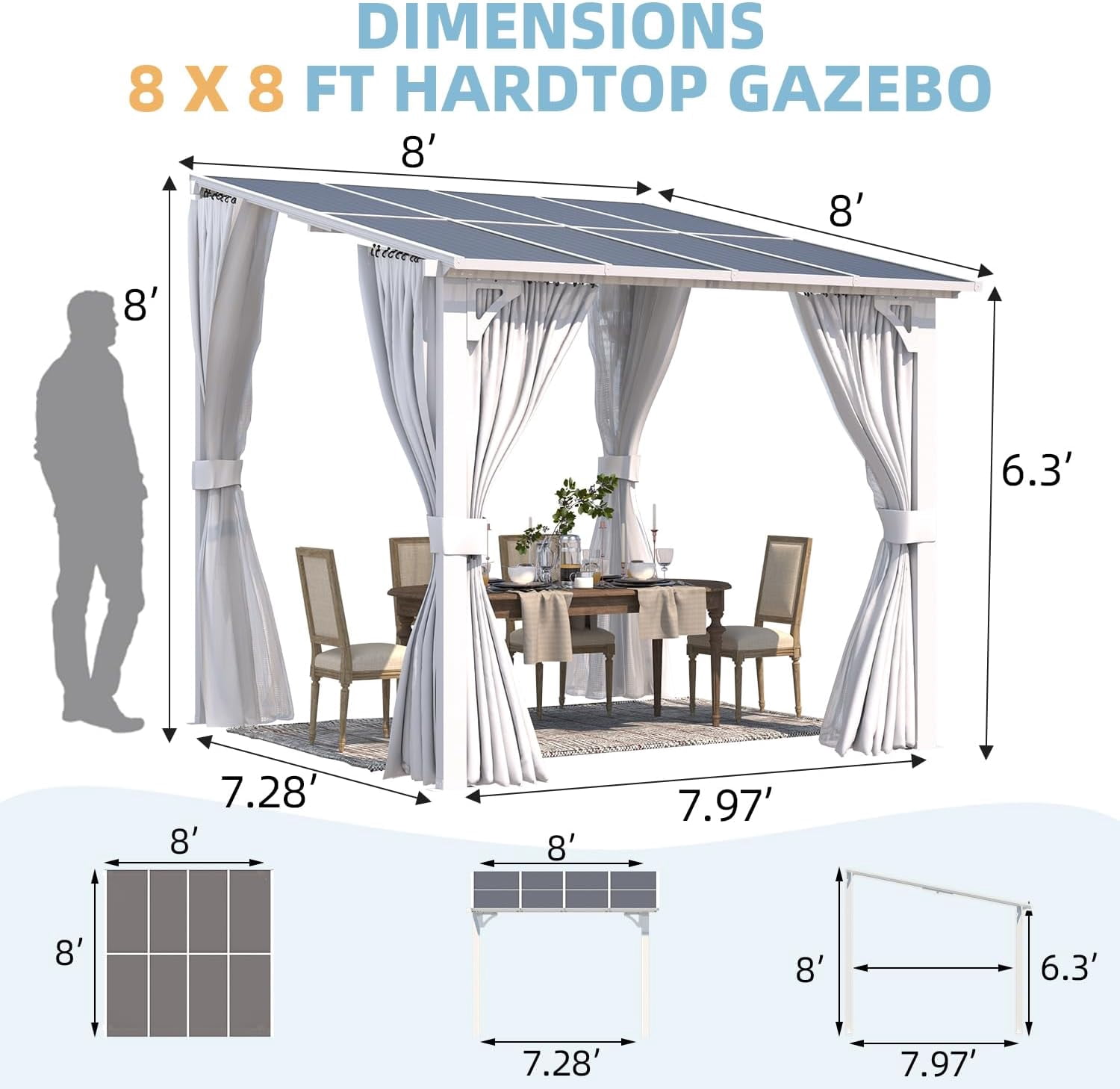 AECOJOY 8' X 8' Outdoor Lean to Gazebo for Patio on Clearance, Small Wall Mounted 8x8 Pergola with Curtains and Netting, Heavy Duty Metal Awnings for Lawn Backyard Garden Deck in White