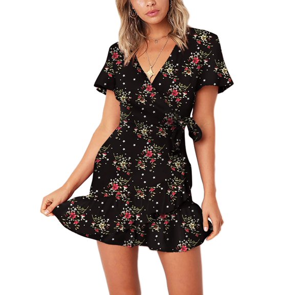 Summer Women Short Sleeve Print Dress V Neck Casual Short Dresses