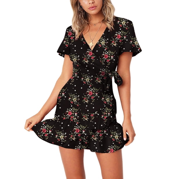 Vestido estampado de manga corta de verano para mujer Vestidos cortos casuales con cuello en V Ormromra WRQX-287-3