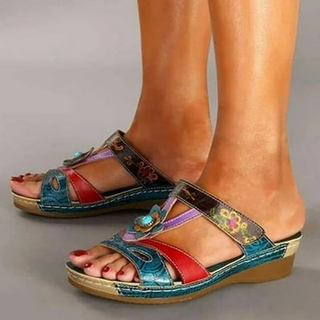 

absuyy Women s Heeled Sandals- Fashion Ethnic Low Heel Casual New Style Summer Sandals #96 Blue-10.5