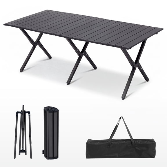 LAUSAINT HOME Egg Roll Table, 4 Foot Carbon Steel Foldable Camping Table, Roll‑up Portable Metal Picnic Table for Beach RV, With Carry Bag, Black