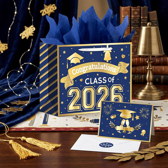 Class of 2026 Graduation Gift Bag Set - Blue & Gold Party Decor for Graduates & Celebrations