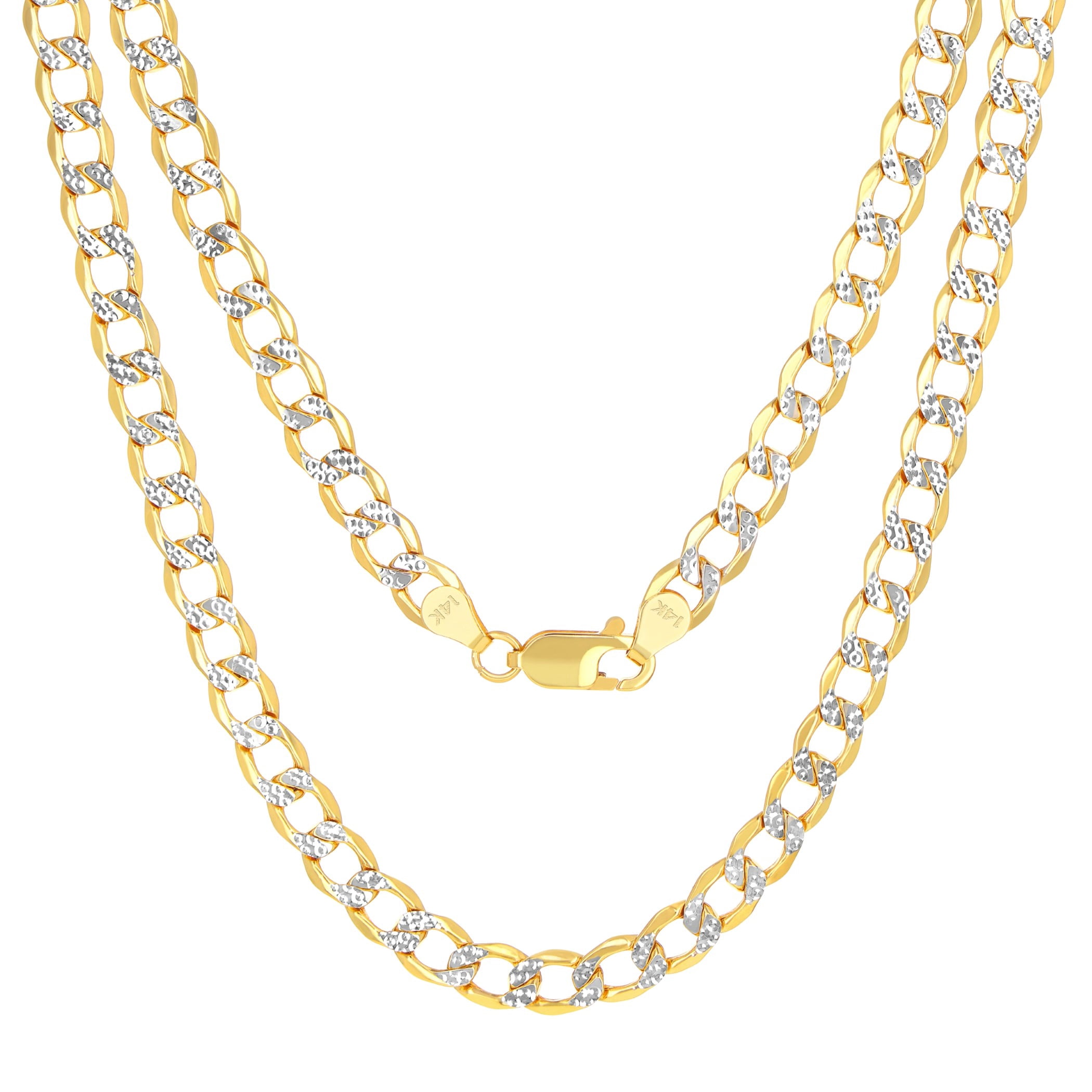 Nuragold 14k Real Yellow Gold Cuban Curb Link 5.5mm Diamond Cut Pave Chain Necklace (18"-26") Two Tone Italian Jewelry for Men