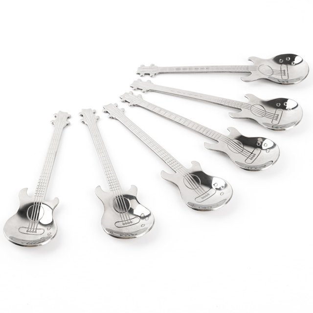 AUEAR Paquete de 6 cucharas de postre para guitarra, cuchara de café de acero inoxidable, cucharas de espresso, cuchara musical, cucharadita para agitar bebidas, mezclar batidos, mermelada, helado, pa