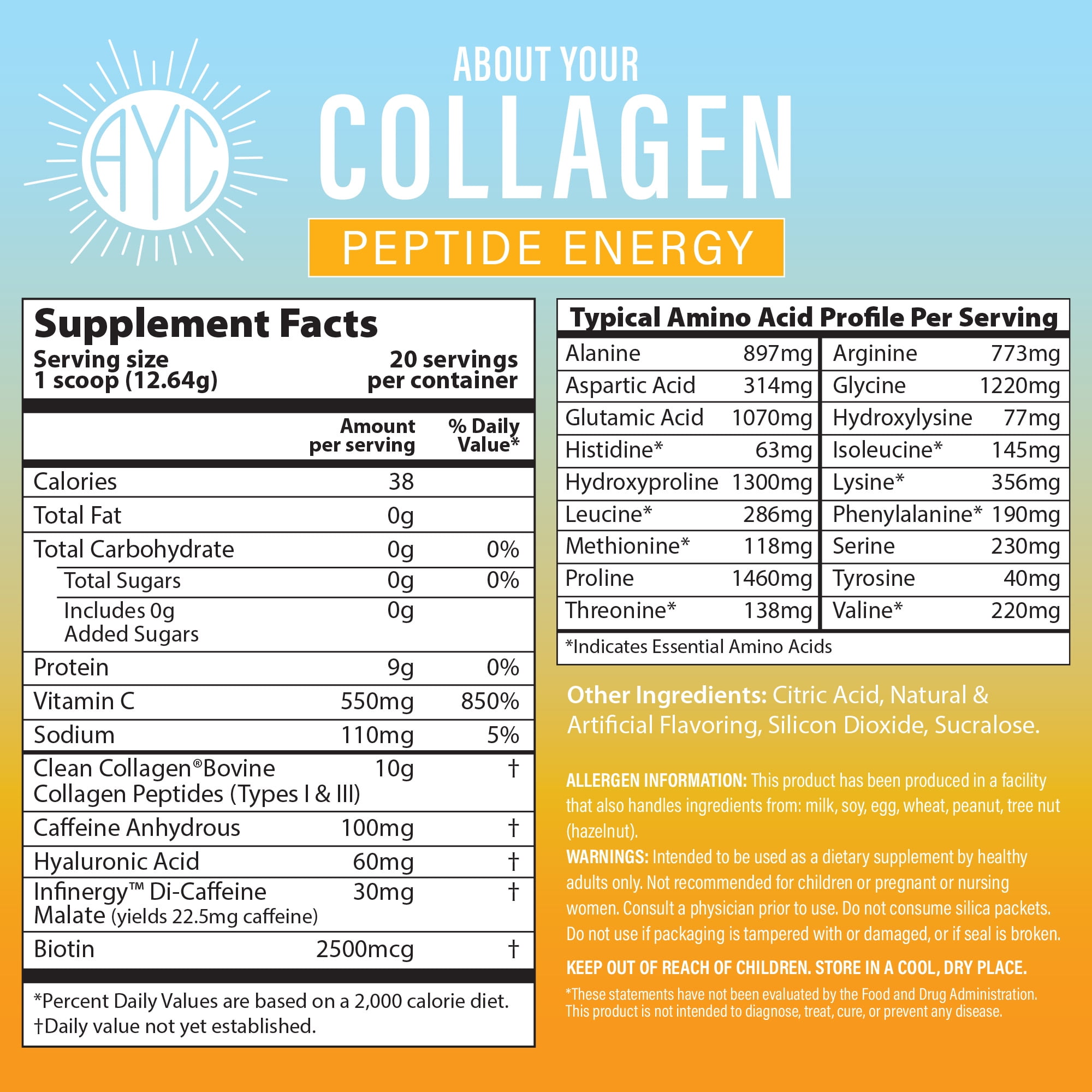ABOUT YOUR COLLAGEN Peptide Energy Collagen Powder Hair, Nail, Skin, Type I & III,Caffeine for Energy, Vitamin C, Biotin, Hyaluronic Acid, Zero Sugar – 8.92 oz (Blue Raspberry)