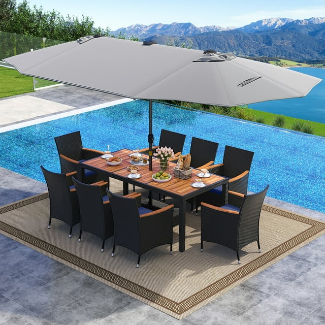 Gymax Ensemble de Salle à Manger de Patio 11 Pcs avec Parasol de Patio Double Face de 15 Pi (Base Incluse) Gris