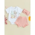 thumbnail image 3 of Yunliwuli Baby Girls Easter Shorts Sets Short Sleeve Letter Bunny Egg Print Romper Tops Ruffle PP Shorts Headband Sets, 3 of 10