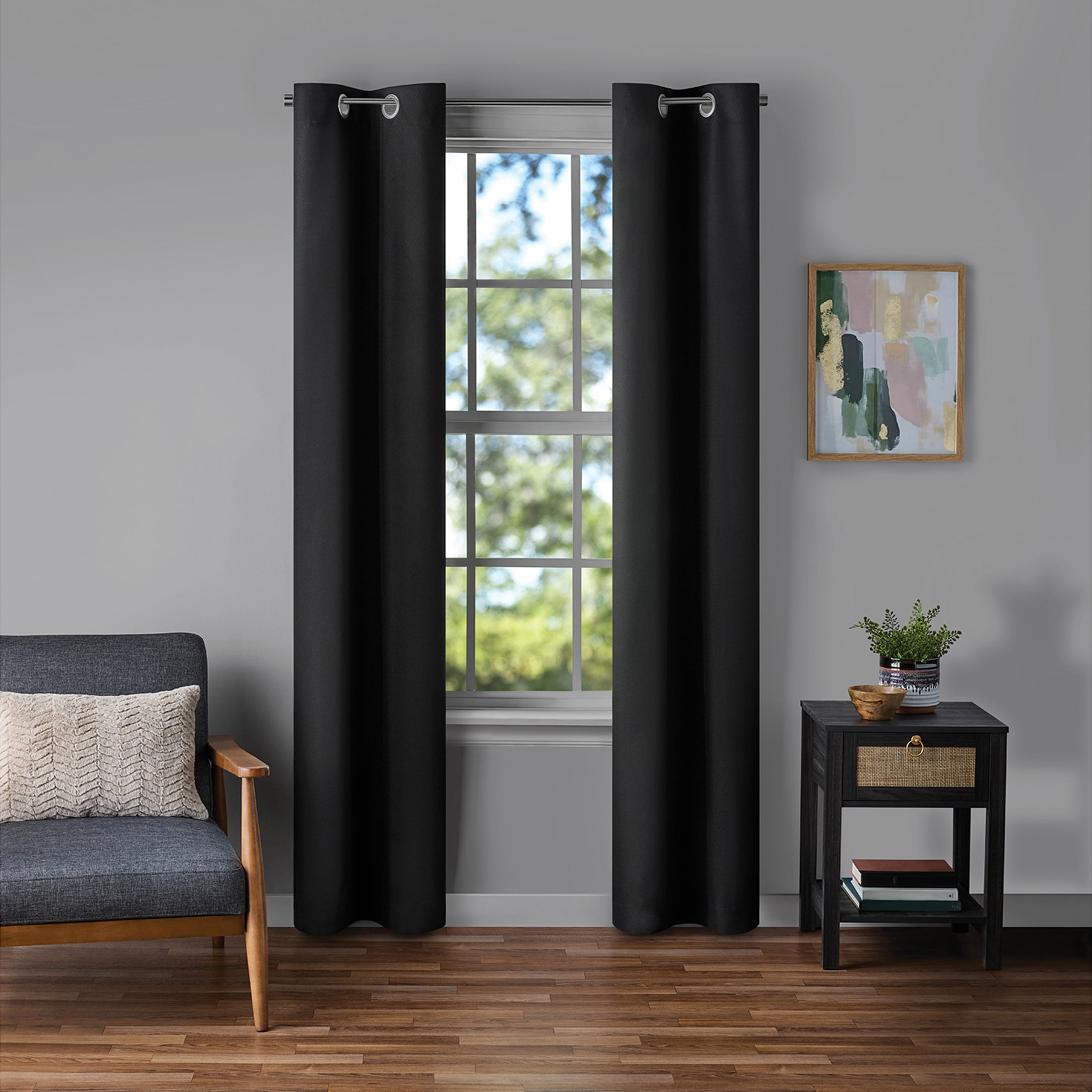 Mainstays Black Solid Blackout Grommet Curtain Panel Pair, Set of 2, 30" W x 84" L