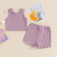 thumbnail image 3 of Toddler Baby Girl Summer Outfit Solid Color Sleeveless Tank Crop Tops and Ruffle Trim Shorts Sets Casual Cute Clothes, 3 of 7