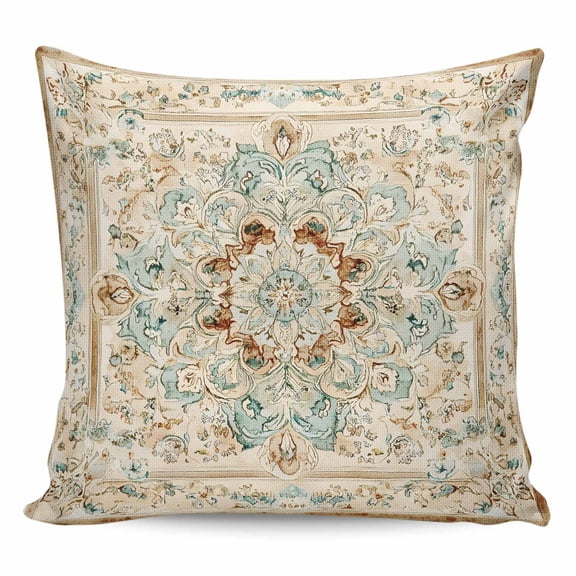 Throw Pillow Covers 16x16 Inch, Sage Green Orange Floral Decorative Pillow Cases for Couch Sofa Bed, Boho Vintage Botanical Ethnic Cotton Linen Square Home Decor Pillowcases with Hidden Zipper