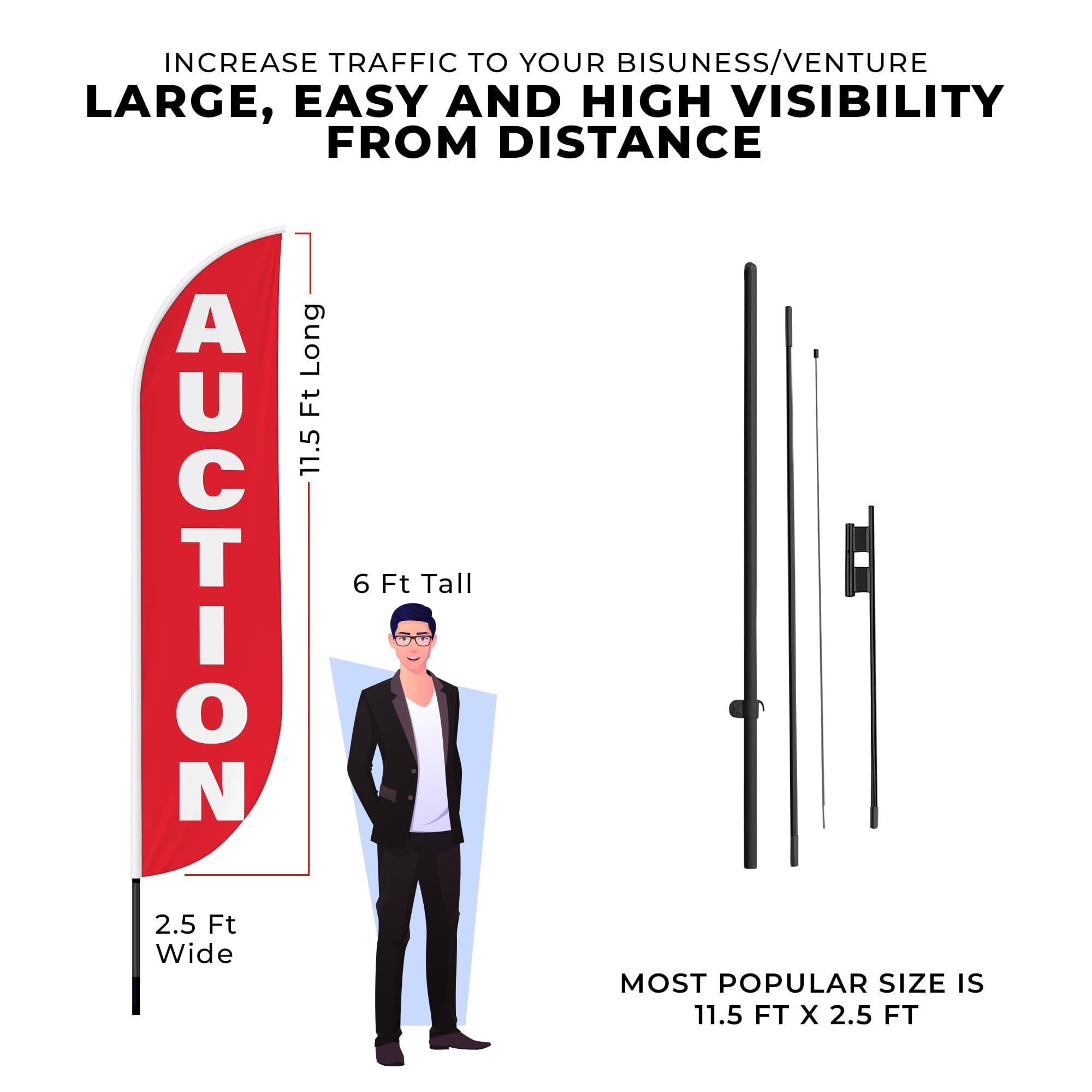 Auction Red Feather Flag(11.5feetX2.5feet) by DreamController | Outdoor Business Advertising Tall Flag | Weather-Resistant Knitted Swooper Flag | Made in USA | HD Print(Flag Only)