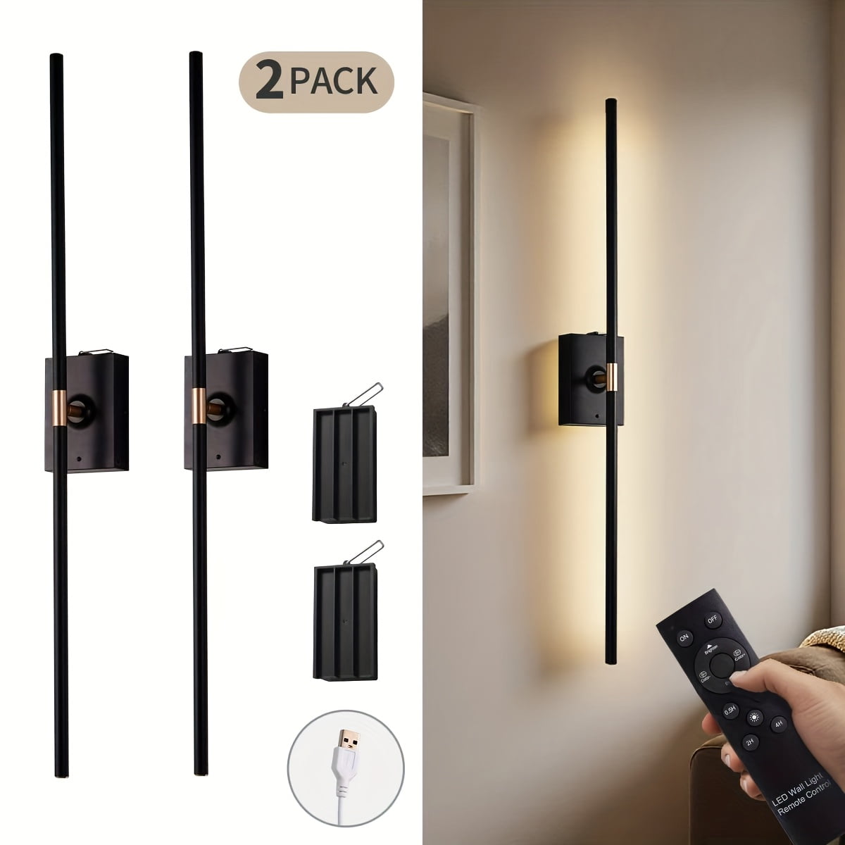 Battery Operated Black & Gold Wall Sconces Set of 2, Wireless Rechargeable Wall Lights with Remote Control, 3000K-6000K Stepless Dimming 360° Rotate Wall Decor Lamp for Living Room Hallway Bedroo