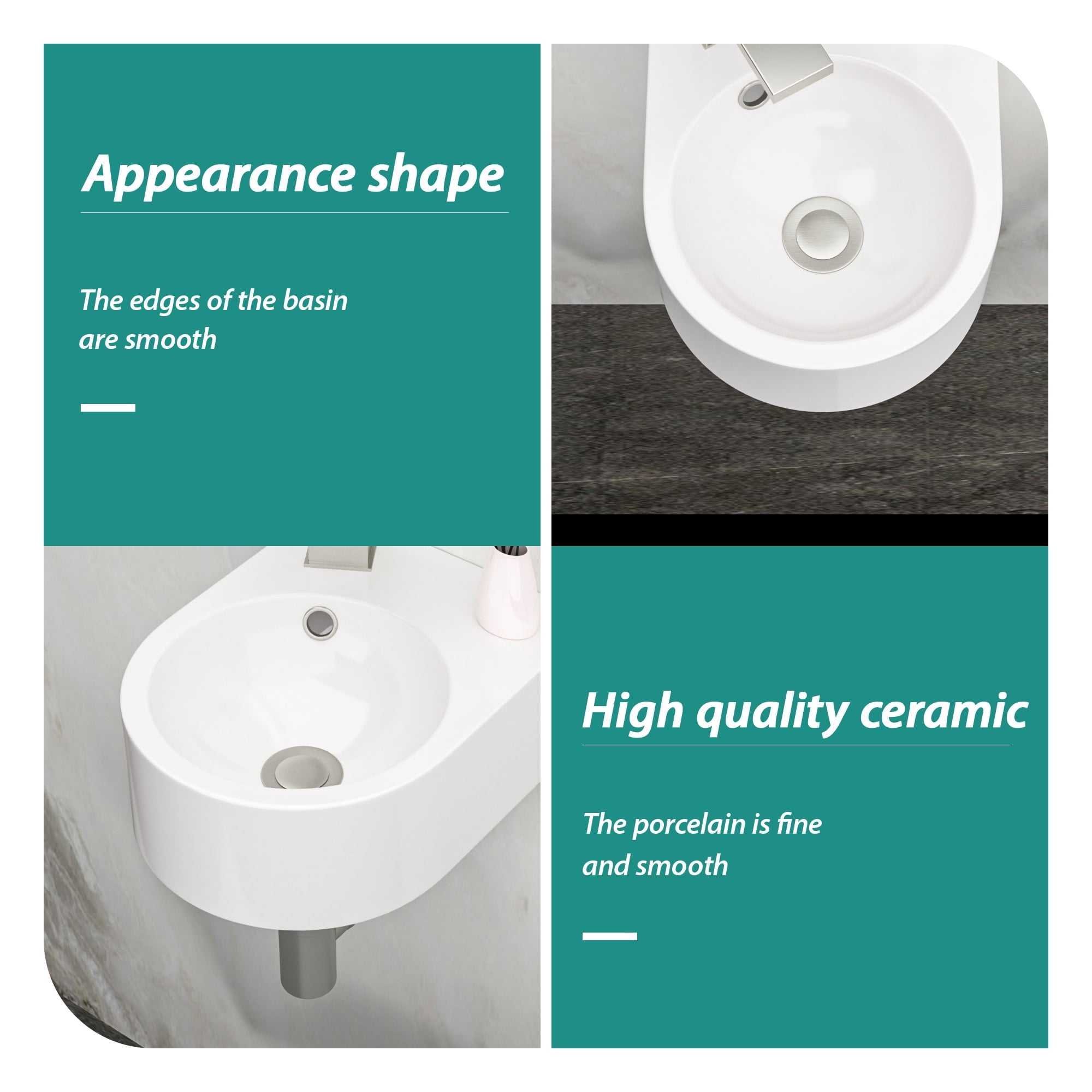 13"×10.44"×4.75" White Ceramic Rectangle Wall-Mount Bathroom Sink with Single Faucet Hole