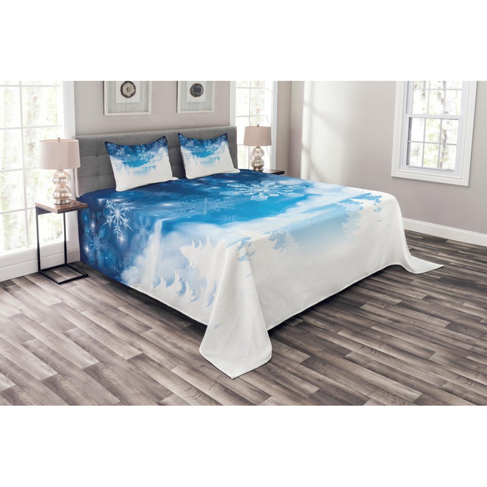 Winter Bedspread Set King Size, Christmas Trees Setting with Snowflakes and Stars New Year