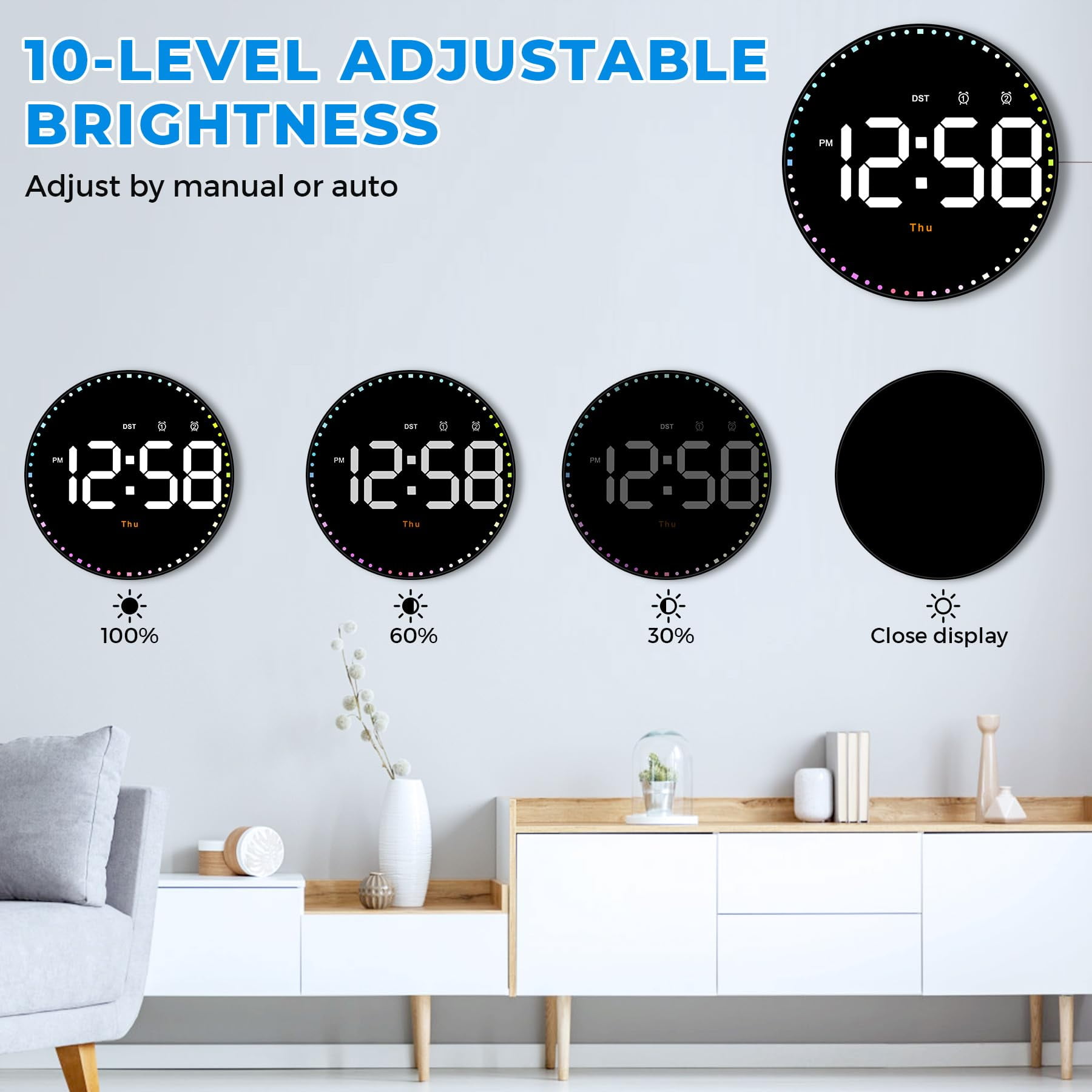 Digital Wall Clock,10" Digital Clock Large Display with Remote Control,Adjustable Brightness, Calendar, Temperature, 12/24 H, for Living Room Office Bedroom Elderly Adults