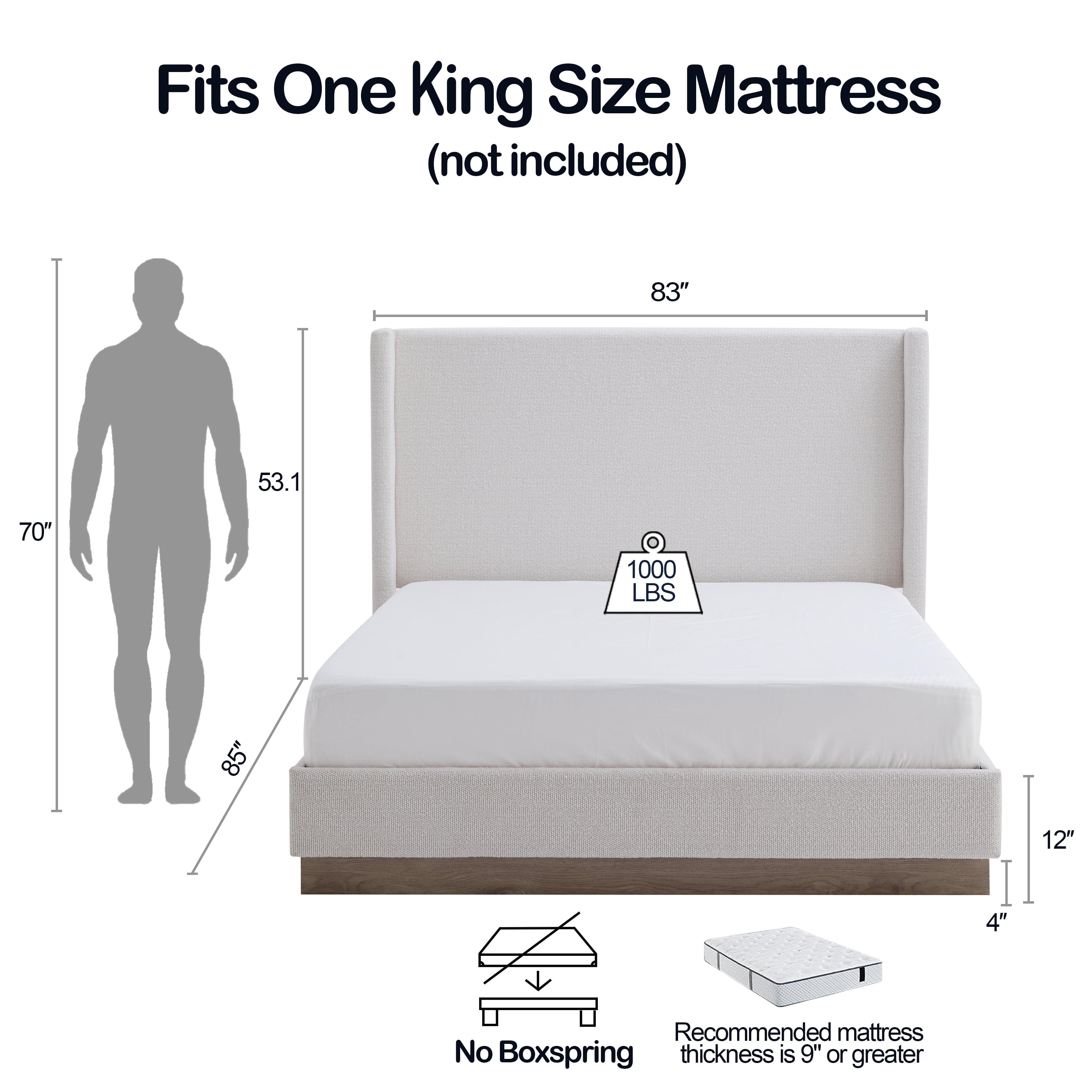 Miniyam King Upholstered Wingback Bed with 53.1" Tall Boucle Headboard, Hidden Wood Base, Metal Frame, No Box Spring, for Adults & Teens