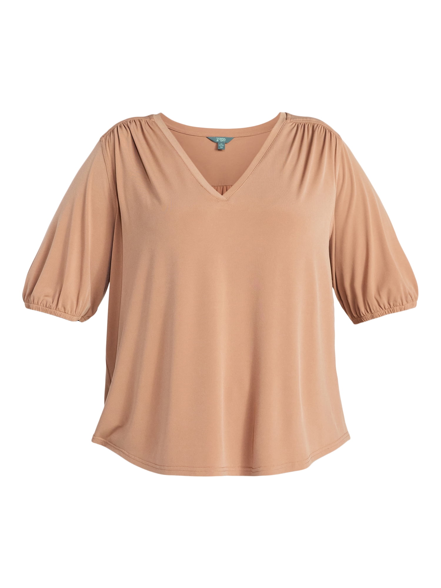 Terra & Sky Women's Plus Size V Neck Tee with Elbow Sleeves, Sizes 0X-5X