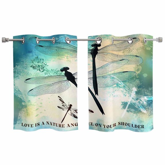 2 Panels Kitchen Tier Curtains 39 Inch Length, Watercolor Dragonfly Grommets Window Treatment Curtain, Turquoise Blue Ombre Animals Thermal Curtains Drapes for Living Room/Bathroom