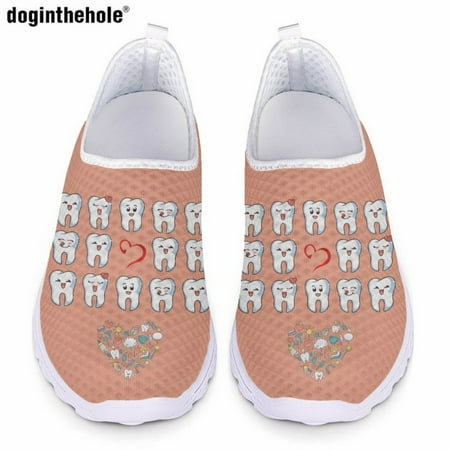 

Cute Cartoon Teeth Print Ladies Casual Flat Shoes Summer Comfortable Breathable Mesh Shoes Hospital Nursing Shoes