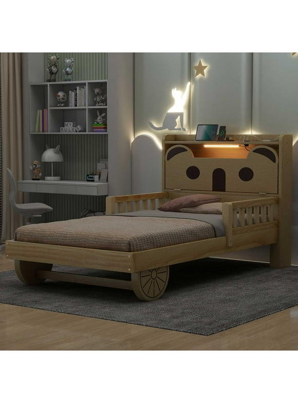 EUROCO Wood Twin Platform Bed Frame with Storage Headboard, Bear Shaped Car Bed for Kids and Adults, LED Light and USB Charging Station