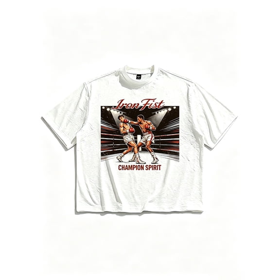 Men's Boxing Iron Fist Graphic T-Shirt Cotton White Short Sleeve Crewneck Oversized