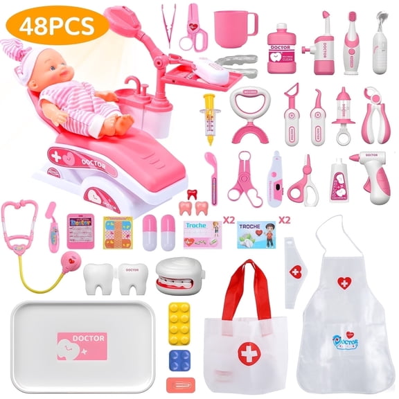 WonderStone Dentist Play Set , 48PCS Pretend Play Doctor Kit with Doll & Costume, Realistic Role-Playing Toys for Toddlers 3-5, Kids Medical Set for Boys & Girls