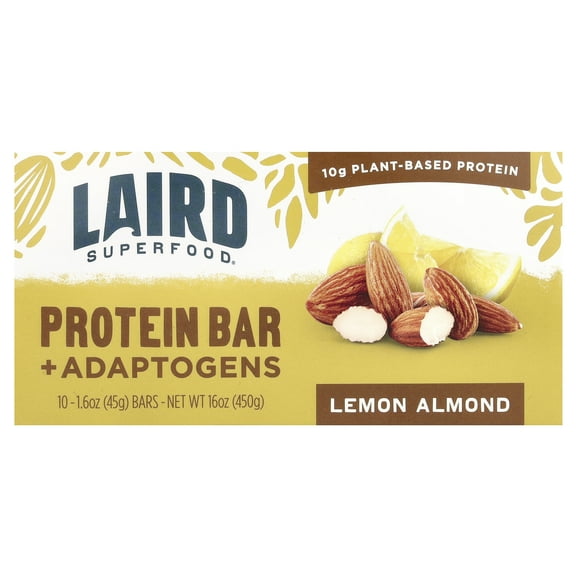 Laird Superfood Protein Bar Adaptogens, Lemon Almond, 10 Packs, 1.6 oz (45 g) Each