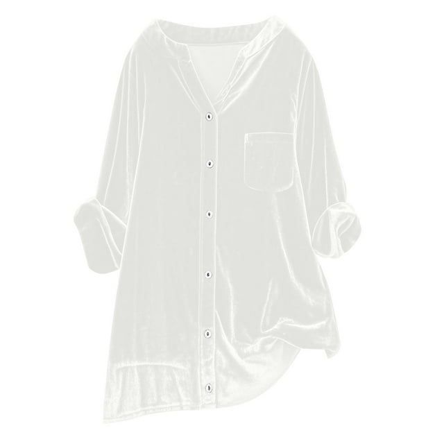 Dvprdro Womens Plus Size Button Down Velvet Shirts Solid V-Neck Long Sleeve Loose Tunic Blouse with Pocket