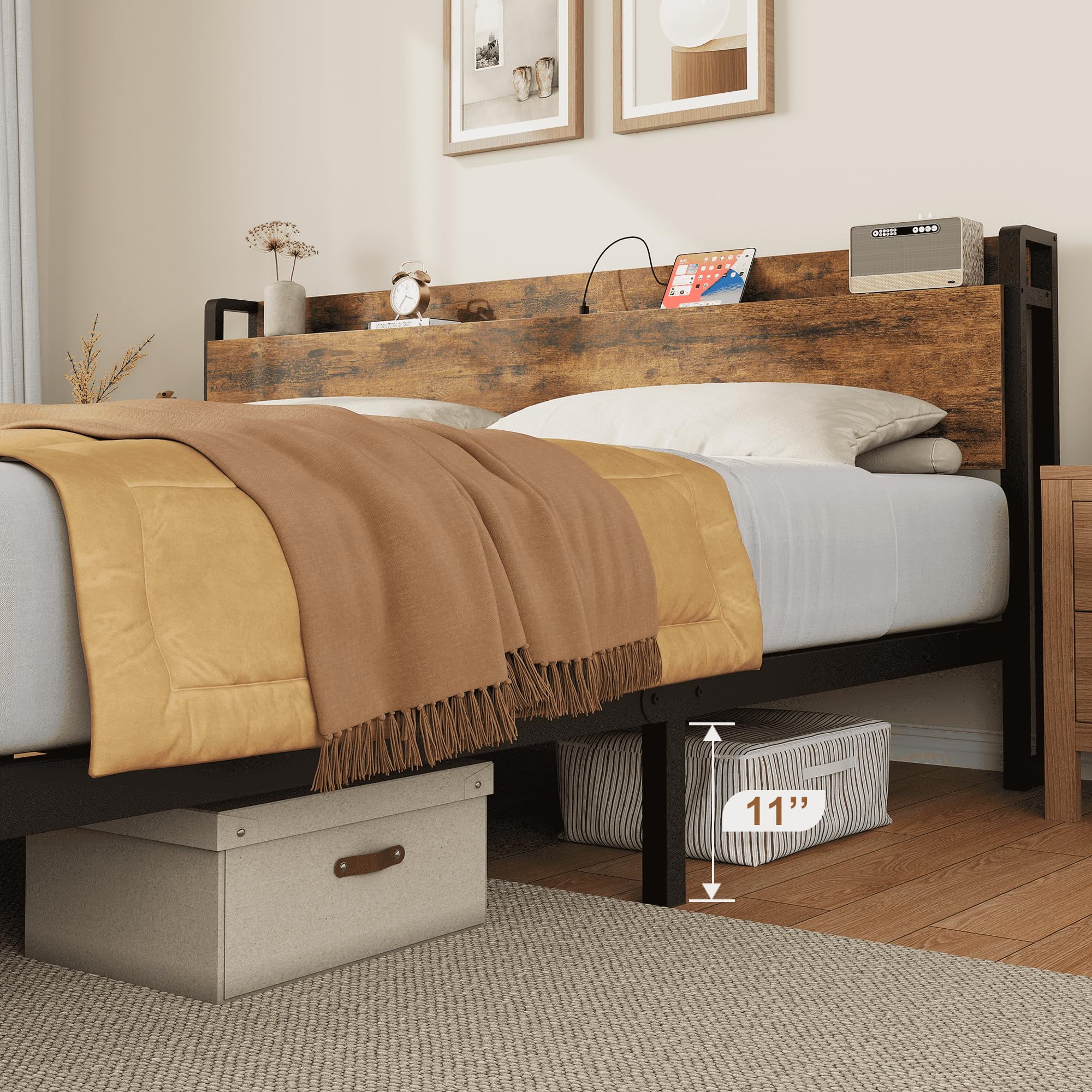 King Size Bed Frame with Storage Headboard, Industrial King Bed Platform with Charging Station and USB Ports, No Box Spring Needed Easy Assemble Mattress Foundation - Rustic Brown