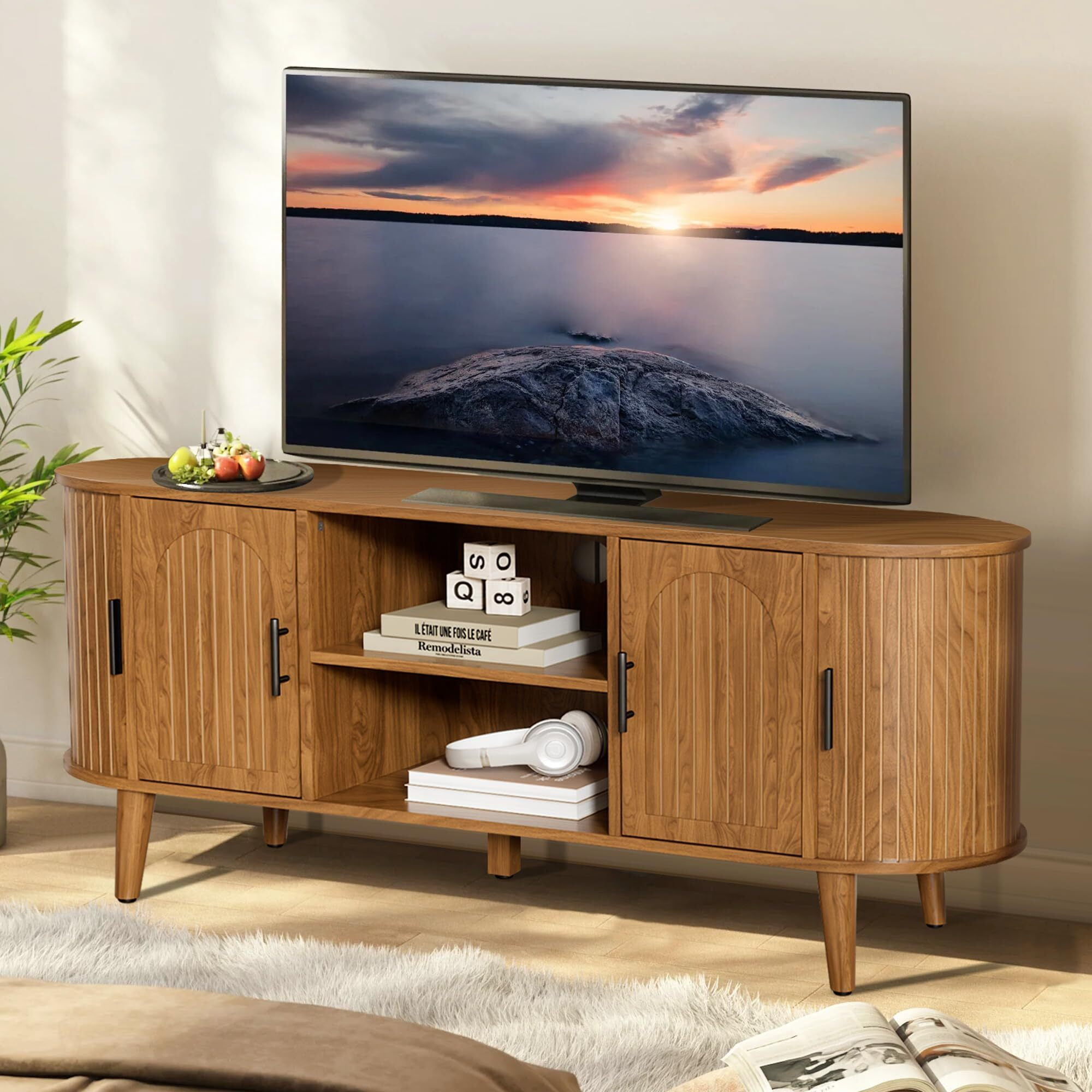 51" Fluted TV Stand, Mid-Century Entertainment Center for 60" TVs with Drawers & Sliding Doors, Curved Media Console