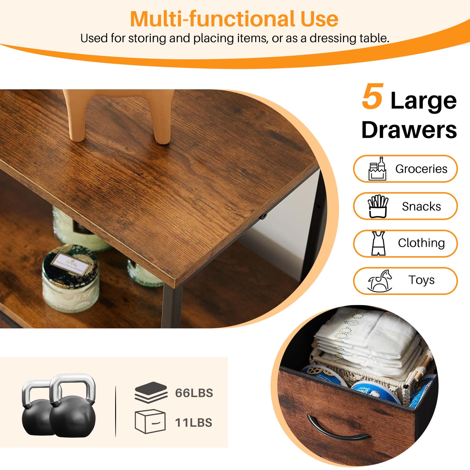 Atilioo 5 Drawer Dresser, Fabric Storage Chest with TV Stand, Open Shelf, Adjustable Feet, Bedroom or Living Room, Brown