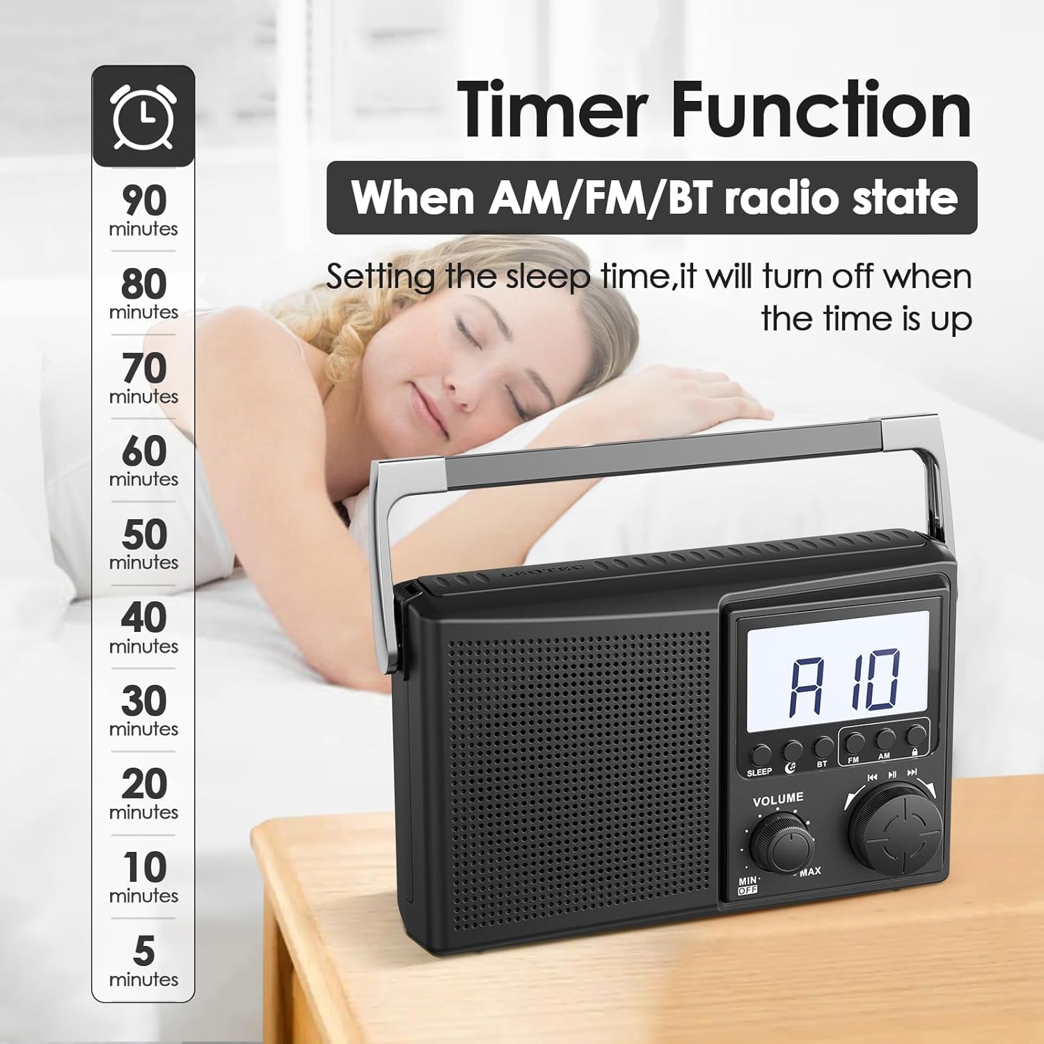 LEOTEC AM FM Radio with Bluetooth,Portable Radio Strong Reception,Plug in Wall,Battery Operated,10 White Noise Sounds,Digital Sleep Timer,Headphone Jack,Volume Control,Easy to Use,Gifts for Seniors