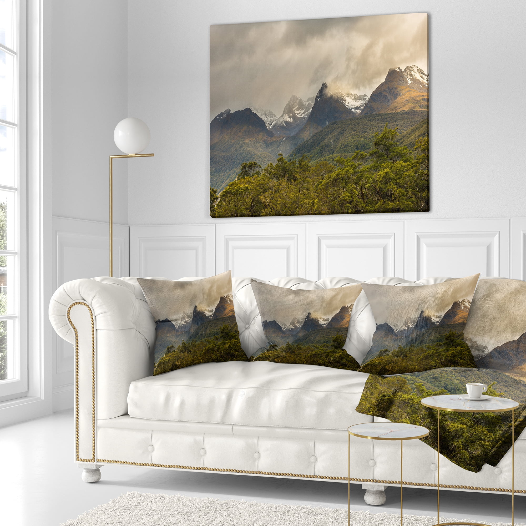 Designart Green Mountains under Stormy Clouds - Landscape Printed Throw Pillow - 16x16
