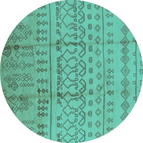 Ahgly Company Machine Washable Indoor Round Oriental Turquoise Blue Industrial Area Rugs, 5' Round
