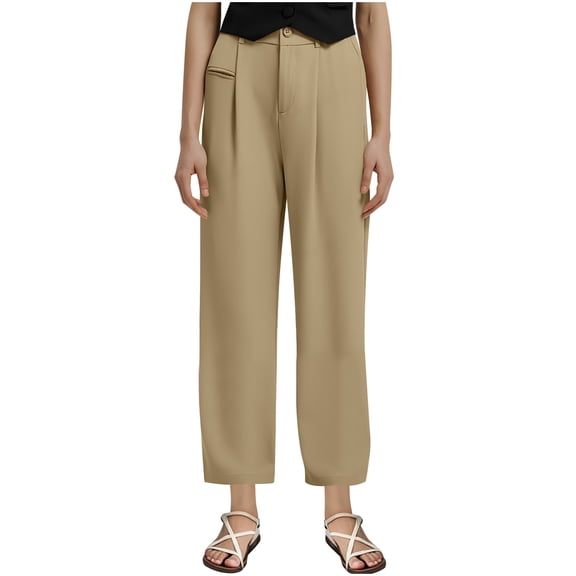 Lenpel Dress Pants for Women Plus Size Zip Button Elastic High Waisted Pleated Straight Leg Work Pants Business Casual Trousers(Khaki,X-Large)
