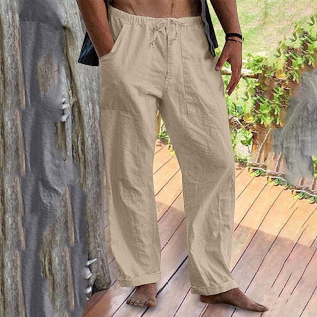 Ceisia Men's Solid Color Cotton Linen Casual Pants Loose Straight Leg Drawstring Trousers for Summer Beige S Gifts
