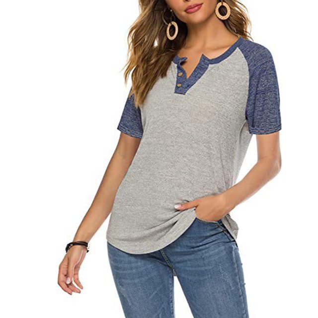 Bloque de color Camisa de verano Casual Suelto Cuello en V Moda Manga corta Botón Delantero Túnica de verano Top Azul L