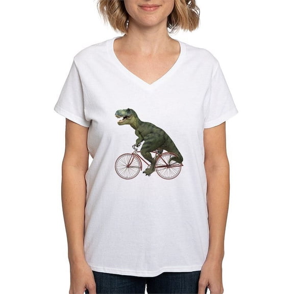 CafePress - Cycling Tyrannosaurus Rex Women's V Neck T Shirt - Womens Cotton V-Neck T-shirt